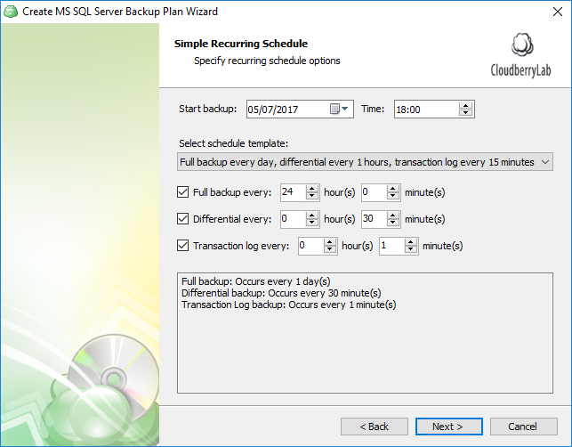 Scheduling of sql database backups: select and apply
