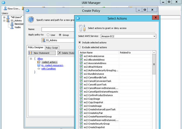 Interface of the IAM Policy Manager within CloudBerry Explorer
